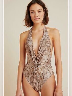 New Mara Hoffman “Gabriella” snake print Brown and Cream plunge swimsuit S $325